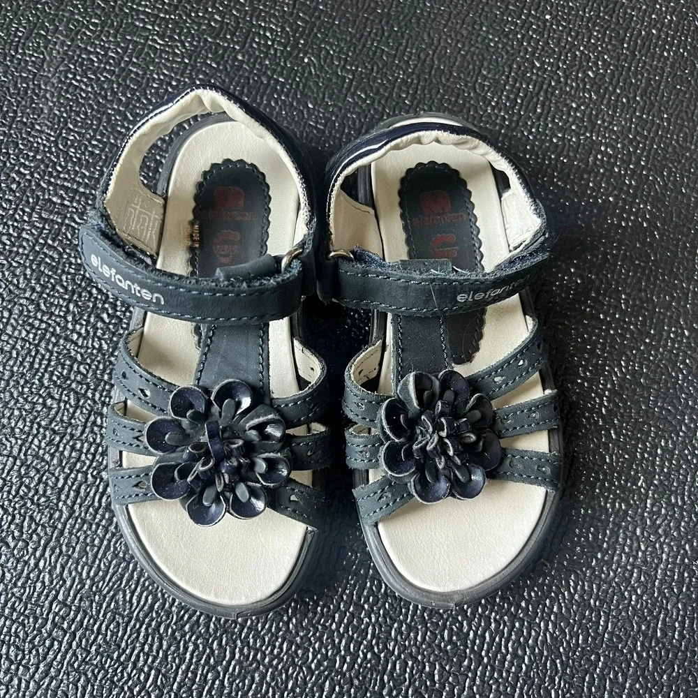 Elefanten Kids Leather Flower Strappy Sandals EU 27 Hook Loop Strap Breathable